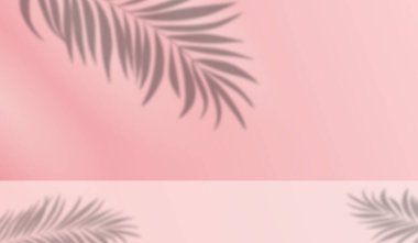 Pastel pembe arka planda palmiye yaprakları. Açık pembe duvarda palmiye yapraklarının bulanık gölgesi