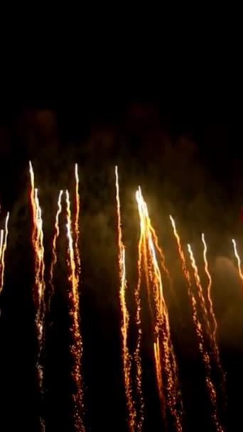 Close Pyrotechnic Fireworks Explosions Night Sky — Stock Video