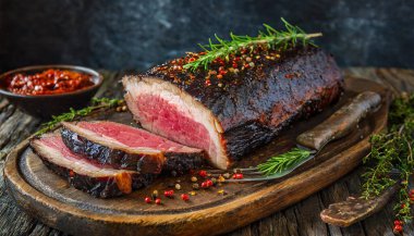 Büyük bir parça et dilimlenir ve ahşap bir kesme tahtasının üzerinde servis edilir.