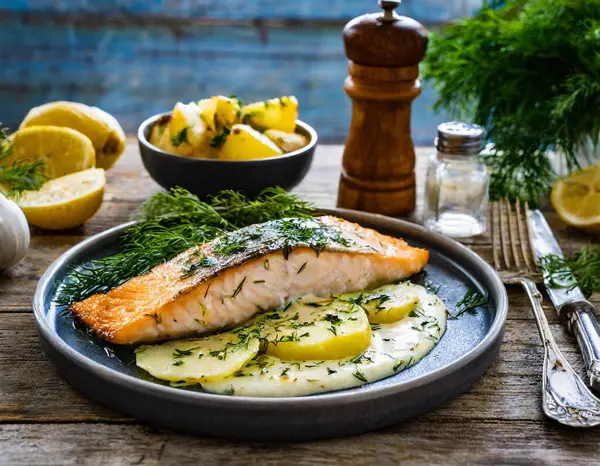 Beyaz soslu bir tabak somon ve patates.