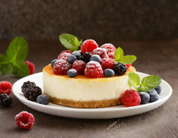 Üstünde ahududu ve nane olan bir dilim peynirli kek.