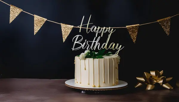 Doğum günü mesajı olan altın bir pankart doğum günü pastasını süslüyor.