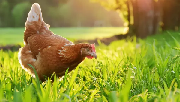Bir tavuk tarlada ot yiyor.