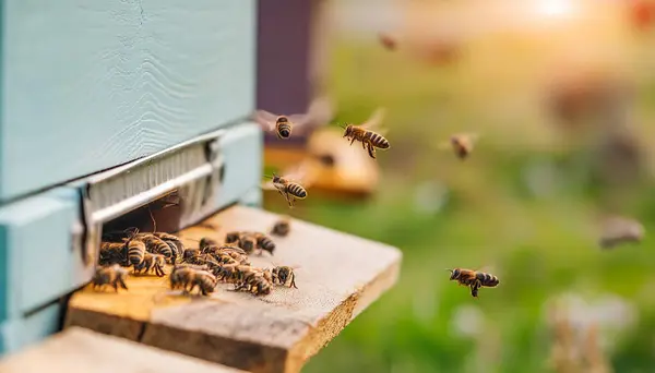 stock image Bees flying around beehive. Beekeeping concept.