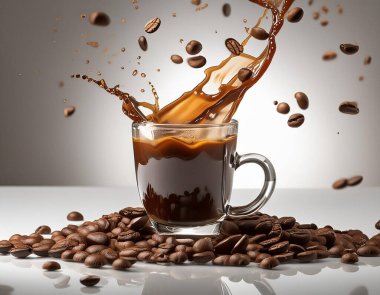 Bir fincan kahve ve üzerine biraz süt ve kahve çekirdeği.