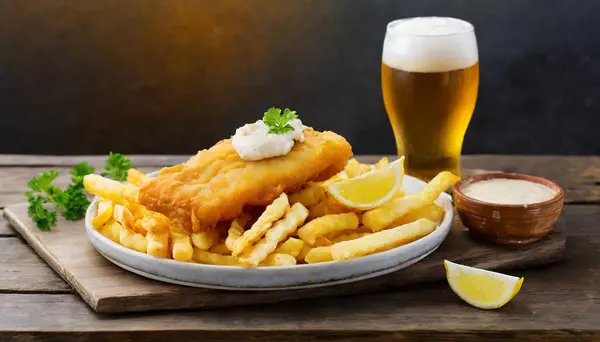 Tahta masada bir bardak birayla bir tabak balık ve patates kızartması.