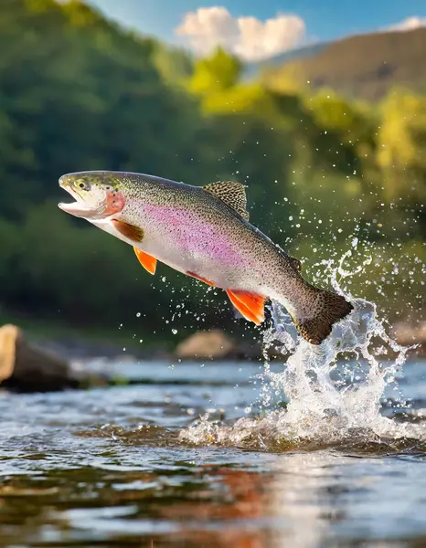Gökkuşağı alabalığı nehirden atlıyor.