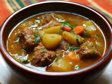 Çeşitli sebzeler ve et parçalarıyla dolu doyurucu bir güveç.