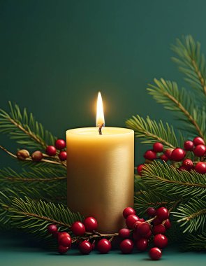 Böğürtlenli ve yeşil arkaplanlı bir ladin ağacındaki mumu kapat.