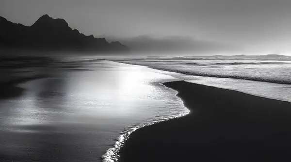 Şafak vakti terk edilmiş bir plajın siyah-beyaz görüntüsü, yumuşak dalgalar ve ışığın etkileşimi ve gölgenin barışçıl, zamansız bir sahne yaratması.