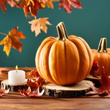 Balkabağı mumu ahşap masa dekorasyonu Sonbahar yapraklarıyla Cadılar Bayramı için