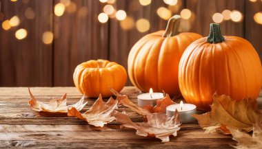 Balkabağı mumu ahşap masa dekorasyonu Sonbahar yapraklarıyla Cadılar Bayramı için