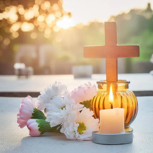 Haç, mum, mezarlıktaki çiçekler