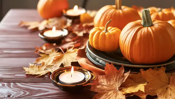 Balkabağı mumu ahşap masa dekorasyonu Sonbahar yapraklarıyla Cadılar Bayramı için