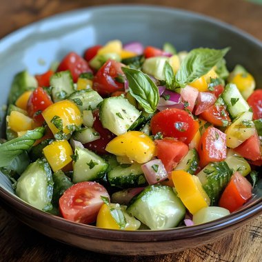 Bir kase renkli sebze, domates, salatalık ve biber.