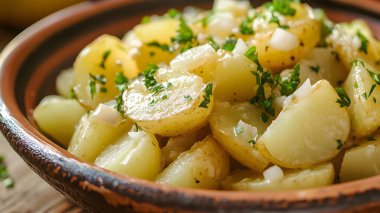 Bir kase taze otlu kremalı patates salatası..