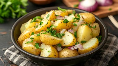 Bir kase taze otlu kremalı patates salatası..