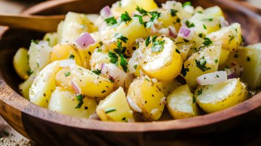 Bir kase taze otlu kremalı patates salatası..