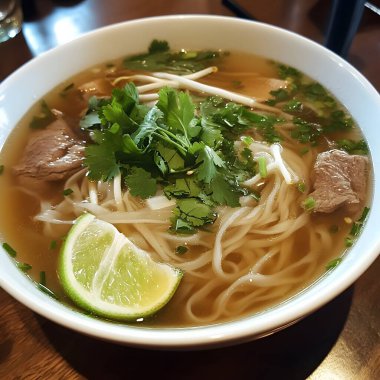 Bir kase otlu ve limonlu Pho