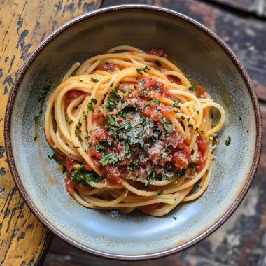 Zengin domates soslu bir tabak makarna.