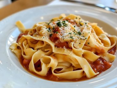 Zengin domates soslu bir tabak makarna.