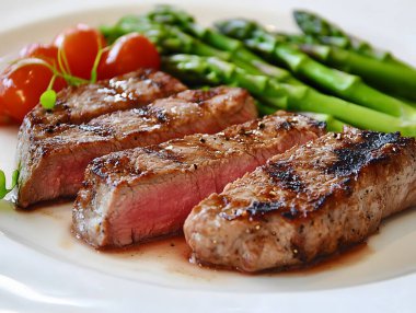 Bir tabak mükemmel pişmiş biftek ve yanında apsara.