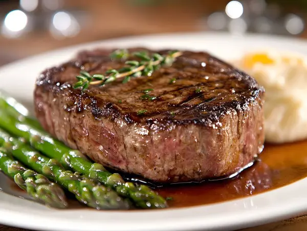 Bir tabak mükemmel pişmiş biftek ve yanında apsara.