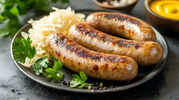 Oktoberfest festivalinde ahşap bir tahtanın üzerinde hardallı ve lahana turşulu bir tabak sosis.