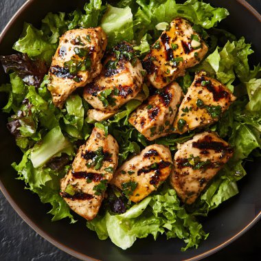 Taze sebzeli salata ızgara tavuk ve şarap.