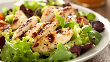 Taze sebzeli salata ızgara tavuk ve şarap.