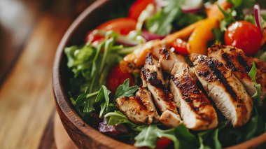 Taze sebzeli salata ızgara tavuk ve şarap.