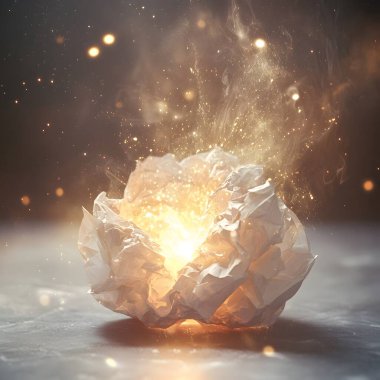 Buruşmuş bir kağıt toptan gelen ışık ve enerji patlaması sihirli bir efektle patlar.