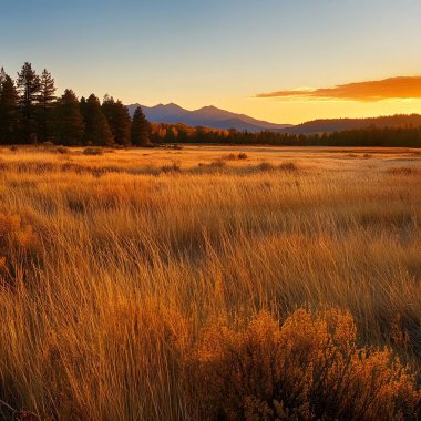Uzun otların kahverengiye döndüğü geniş bir çayır, sık sonbahar ormanlarıyla çevrili, uzak dağlar derin turuncu bir günbatımı ile çevrili.