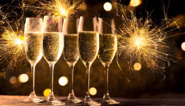 Şampanya bardakları ve arka planda maytaplar.