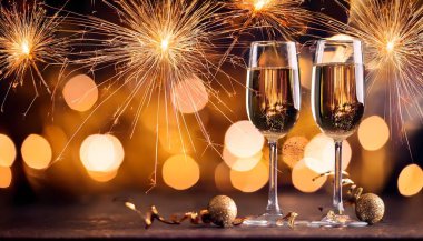 Şampanya bardakları ve arka planda maytaplar.