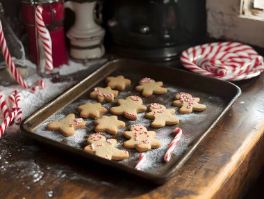 Christmas cookies on a tray, gingerbread men, candy canes, rustic kitchen clipart