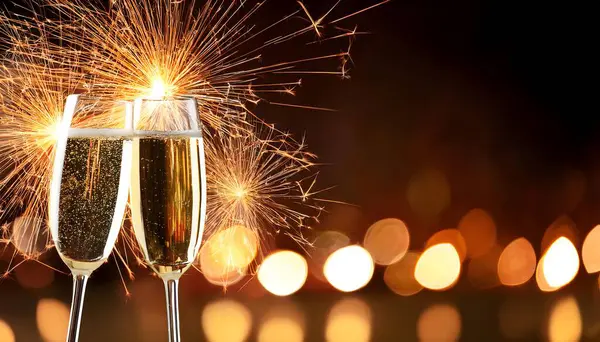 Şampanya bardakları ve arka planda maytaplar.