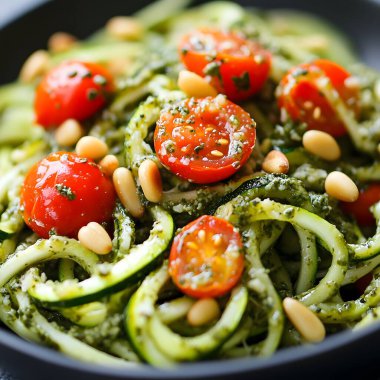 Pesto soslu, çam fıstığı ve domatesli taze kabaklı şehriye. Sağlıklı ve canlı bir yemek sergiliyor.