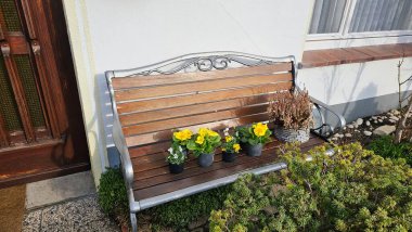 Garden Bench with Spring Flowers and Decorative Planters