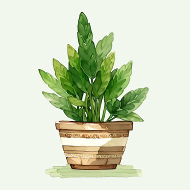 Suluboya vektör çiçeği ve vazoda yapraklar 