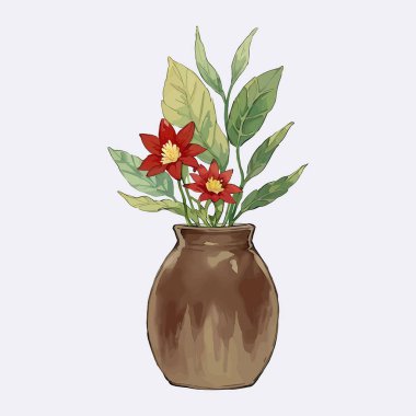 Suluboya vektör çiçeği ve vazoda düğün davetiyesi ve bahçe bitkileri için yapraklar.