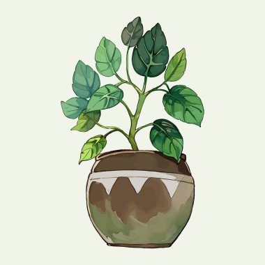 Suluboya vektör çiçeği ve vazoda düğün davetiyesi ve bahçe bitkileri için yapraklar.