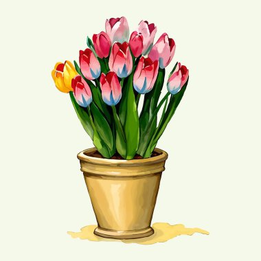 Suluboya vektör çiçeği ve vazoda düğün davetiyesi ve bahçe bitkileri illüstrasyonu için yapraklar.