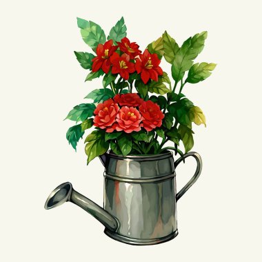 Suluboya vektör çiçeği ve vazoda düğün davetiyesi ve bahçe bitkileri illüstrasyonu için yapraklar.