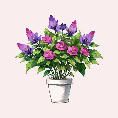 Suluboya vektör çiçeği ve vazoda düğün davetiyesi ve bahçe bitkileri illüstrasyonu için yapraklar.