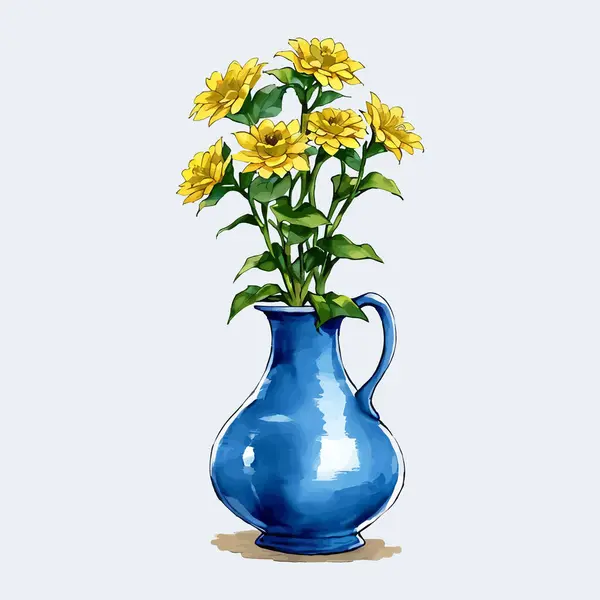 Suluboya vektör çiçeği ve vazoda yapraklar 