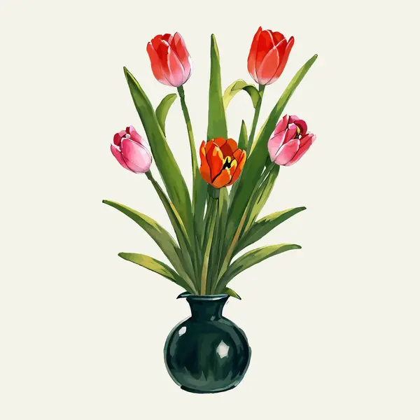 Suluboya vektör çiçeği ve vazoda yapraklar 