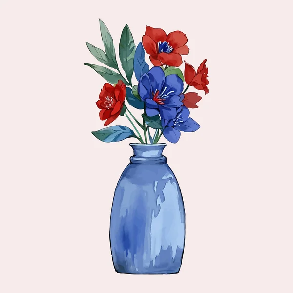 Suluboya vektör çiçeği ve vazoda düğün davetiyesi ve bahçe bitkileri için yapraklar.