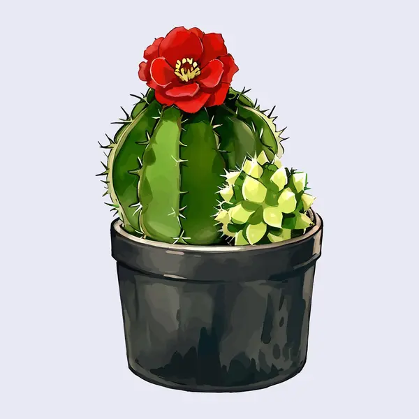 Suluboya vektörü Kaktüs ve saksı vazosuna bahçe bitkileri için bitki bırakıyor