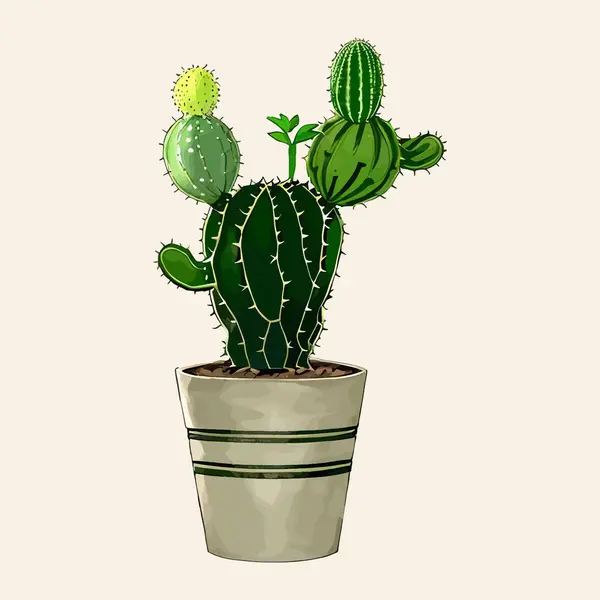 Suluboya vektörü Kaktüs ve saksı vazosuna bitki yaprakları.